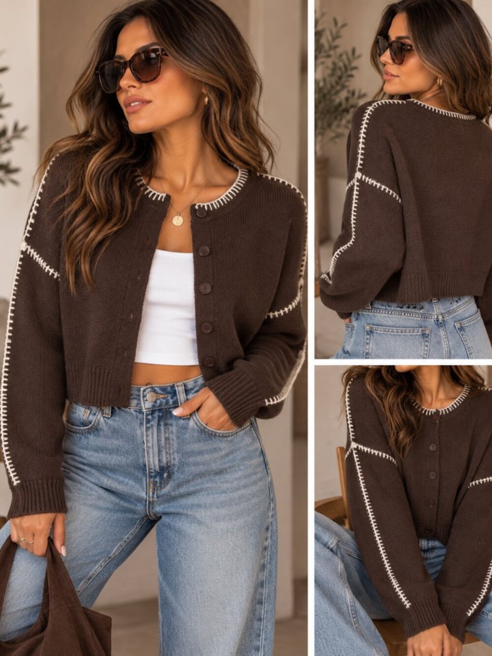 753 - Sincerely Jules Brown Cropped Cardigan Cream Contrast Stitch Sweater